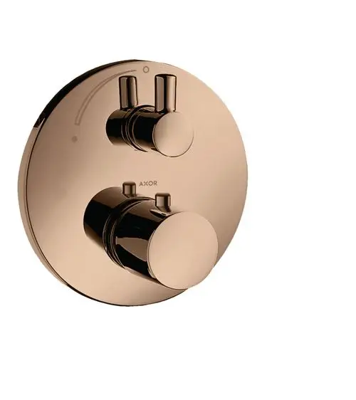 Thermostat zur Unterputzmontage in einem runden Gehäuse, kombiniert mit einem Absperrventil, in einer polierten Rotgold-Oberfläche. Marke AXOR gut erkennbar.
